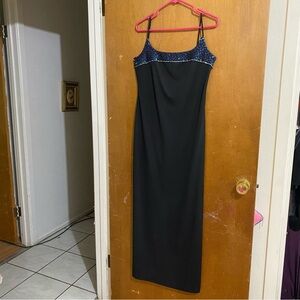Size 9-10 Black and blue Blondie Nites sparkly maxi dress with side zipper.
